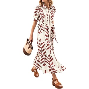 image:imageCHARTOU Women Button Down Maxi Dress Drawstring Puff Sleeve Shirt Vacation DressesRed