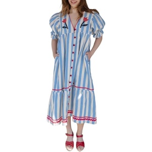 image:imageCHARTOU Women Cotton Shift Shirt Dress Striped Button Flowy Midi Dress with PocketsBlue