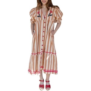 image:imageCHARTOU Women Cotton Shift Shirt Dress Striped Button Flowy Midi Dress with PocketsBrown