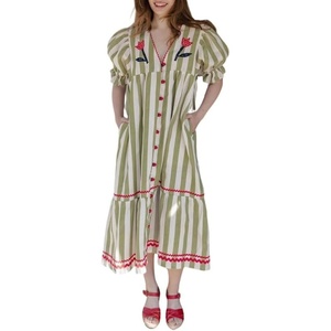 image:imageCHARTOU Women Cotton Shift Shirt Dress Striped Button Flowy Midi Dress with PocketsGreen