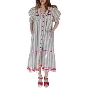 image:imageCHARTOU Women Cotton Shift Shirt Dress Striped Button Flowy Midi Dress with PocketsGrey