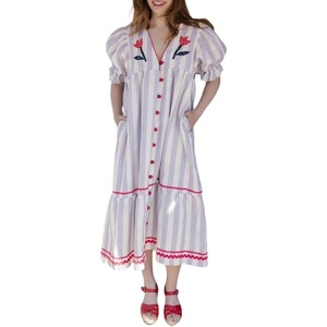 image:imageCHARTOU Women Cotton Shift Shirt Dress Striped Button Flowy Midi Dress with PocketsPurple