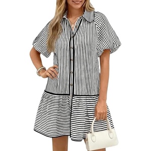 image:imageCHARTOU Womens Striped Shirt Dress Loose Button Down Puff Sleeve Short Shift DressBlack