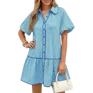 image:imageCHARTOU Womens Striped Shirt Dress Loose Button Down Puff Sleeve Short Shift DressBlue