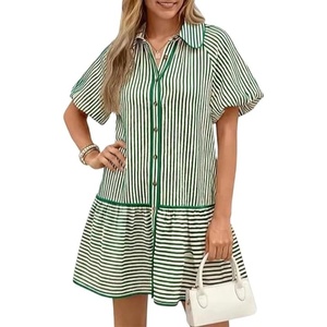 image:imageCHARTOU Womens Striped Shirt Dress Loose Button Down Puff Sleeve Short Shift DressGreen