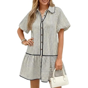 image:imageCHARTOU Womens Striped Shirt Dress Loose Button Down Puff Sleeve Short Shift DressGrey
