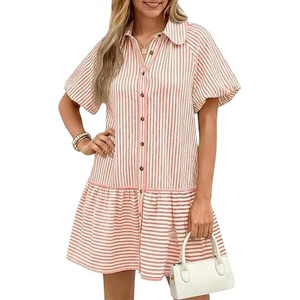 image:imageCHARTOU Womens Striped Shirt Dress Loose Button Down Puff Sleeve Short Shift DressPink