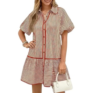 image:imageCHARTOU Womens Striped Shirt Dress Loose Button Down Puff Sleeve Short Shift DressRed