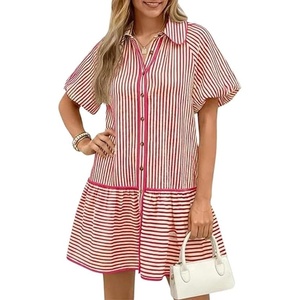 image:imageCHARTOU Womens Striped Shirt Dress Loose Button Down Puff Sleeve Short Shift DressRose