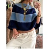 image:imageCHARTOU Women Color Block Poncho Sweater Striped Mock Neck Batwing Fuzzy Crop PulloverBlue
