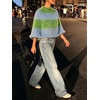 image:imageCHARTOU Women Color Block Poncho Sweater Striped Mock Neck Batwing Fuzzy Crop PulloverGreen