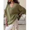 image:imageCHARTOU Women Oversized Cable Sweater Pullover V Neck Batwing Half Sleeve Knitted TopGreen