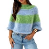 image:imageCHARTOU Women Color Block Poncho Sweater Striped Mock Neck Batwing Fuzzy Crop PulloverGreen
