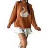 image:imageCHARTOU Women Crewneck Knit Sweater Cute Swan Oversized Pullover Fall Casual JumperCaramel