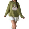 image:imageCHARTOU Women Crewneck Knit Sweater Cute Swan Oversized Pullover Fall Casual JumperGreen
