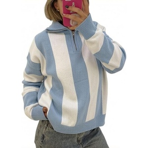 image:imageWomen Striped Half Zip Pullover Sweater Color Block Casual Knit Jumper TopsBlue