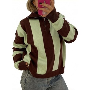 image:imageWomen Striped Half Zip Pullover Sweater Color Block Casual Knit Jumper TopsGreen