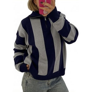 image:imageWomen Striped Half Zip Pullover Sweater Color Block Casual Knit Jumper TopsNavy