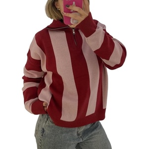 image:imageWomen Striped Half Zip Pullover Sweater Color Block Casual Knit Jumper TopsPink