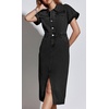 image:imageCHARTOU Short Sleeve Denim Dress for Women Half Button Front Slit Pencil Jean Long DressBlack