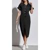 image:imageCHARTOU Short Sleeve Denim Dress for Women Half Button Front Slit Pencil Jean Long DressBlack