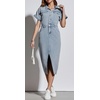 image:imageCHARTOU Short Sleeve Denim Dress for Women Half Button Front Slit Pencil Jean Long DressBlue