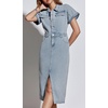 image:imageCHARTOU Short Sleeve Denim Dress for Women Half Button Front Slit Pencil Jean Long DressBlue