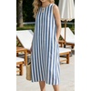 image:imageCHARTOU Summer Dresses for Women Cotton Casual Maxi Dress Beach Vacation Sleeveless Stripe Sundress with PocketsBlue