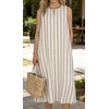 image:imageCHARTOU Summer Dresses for Women Cotton Casual Maxi Dress Beach Vacation Sleeveless Stripe Sundress with PocketsKhaki