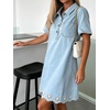 image:imageCHARTOU Women Eyelet Denim Midi Dress Summer Floral Embroidered Half Button Short Sleeve Jean DressLight Blue