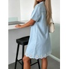 image:imageCHARTOU Women Eyelet Denim Midi Dress Summer Floral Embroidered Half Button Short Sleeve Jean DressLight Blue