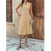 image:imageCHARTOU Womens Button Down Midi Dress Summer Sleeveless Cinched Waist Ruffle A Line Flowy DressKhaki
