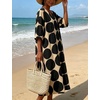 image:imageCHARTOU Womens Loose Polka Dot Midi Dress V Neck 34 Sleeve Flowy Summer Beach Cotton Linen Tunic Dress with PocketsBlack