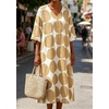 image:imageCHARTOU Womens Loose Polka Dot Midi Dress V Neck 34 Sleeve Flowy Summer Beach Cotton Linen Tunic Dress with PocketsKhaki