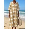 image:imageCHARTOU Womens Loose Polka Dot Midi Dress V Neck 34 Sleeve Flowy Summer Beach Cotton Linen Tunic Dress with PocketsKhaki