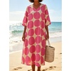 image:imageCHARTOU Womens Loose Polka Dot Midi Dress V Neck 34 Sleeve Flowy Summer Beach Cotton Linen Tunic Dress with PocketsPink