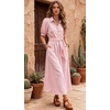 image:imageCHARTOU Womens Striped Shirt Dress Summer Casual Puff Short Sleeve Button Down Midi Dresses with Belt LargePink