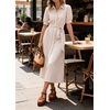 image:imageCHARTOU Womens Striped Shirt Dress Summer Casual Puff Short Sleeve Button Down Midi Dresses with Belt SmallKhaki