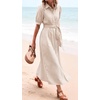 image:imageCHARTOU Womens Striped Shirt Dress Summer Casual Puff Short Sleeve Button Down Midi Dresses with Belt SmallKhaki