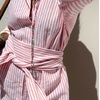 image:imageCHARTOU Womens Striped Shirt Dress Summer Casual Puff Short Sleeve Button Down Midi Dresses with Belt SmallPink