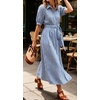 image:imageCHARTOU Womens Striped Shirt Dress Summer Casual Puff Short Sleeve Button Down Midi Dresses with Belt XLargeBlue
