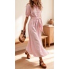 image:imageCHARTOU Womens Striped Shirt Dress Summer Casual Puff Short Sleeve Button Down Midi Dresses with Belt XLargePink
