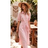 image:imageCHARTOU Womens Striped Shirt Dress Summer Casual Puff Short Sleeve Button Down Midi Dresses with Belt XLargePink
