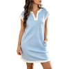 image:imageCHARTOU Women Striped Mini Dress Color Contrast V Neck Cap Short Sleeve Casual Loose Shift Dress with PocketsLight Blue