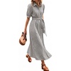 image:imageCHARTOU Womens Striped Shirt Dress Summer Casual Puff Short Sleeve Button Down Midi Dresses with Belt MediumGrey