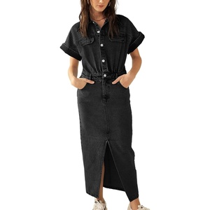 image:imageCHARTOU Short Sleeve Denim Dress for Women Half Button Front Slit Pencil Jean Long DressBlack