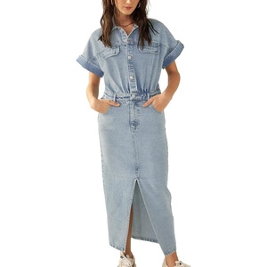 image:imageCHARTOU Short Sleeve Denim Dress for Women Half Button Front Slit Pencil Jean Long DressBlue