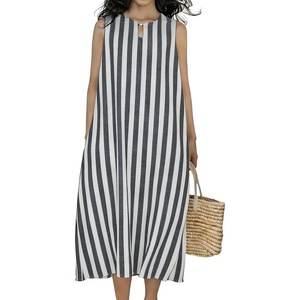 image:imageCHARTOU Summer Dresses for Women Cotton Casual Maxi Dress Beach Vacation Sleeveless Stripe Sundress with PocketsBlack
