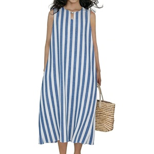 image:imageCHARTOU Summer Dresses for Women Cotton Casual Maxi Dress Beach Vacation Sleeveless Stripe Sundress with PocketsBlue