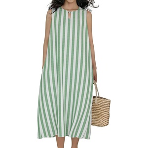 image:imageCHARTOU Summer Dresses for Women Cotton Casual Maxi Dress Beach Vacation Sleeveless Stripe Sundress with PocketsGreen